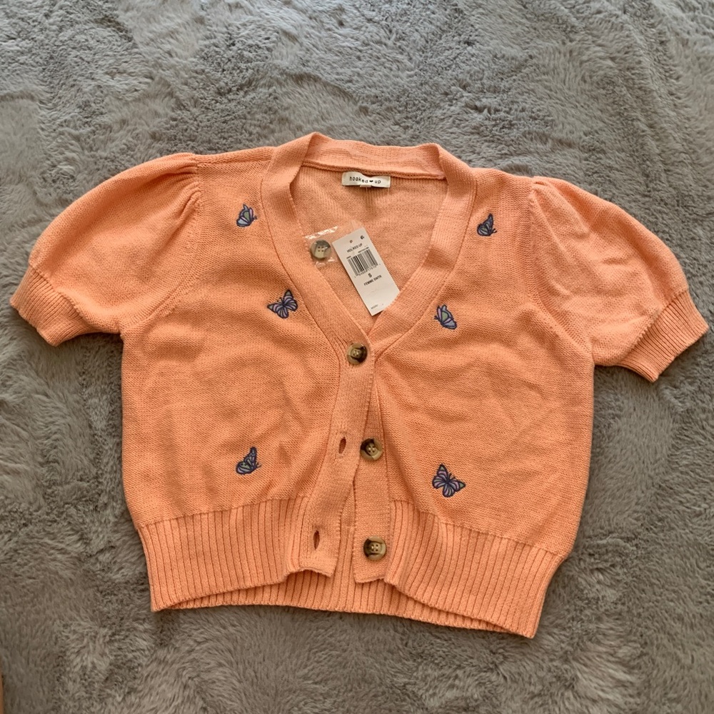 Hooked Up Salmon Short Sleeve Cardigan Sweater